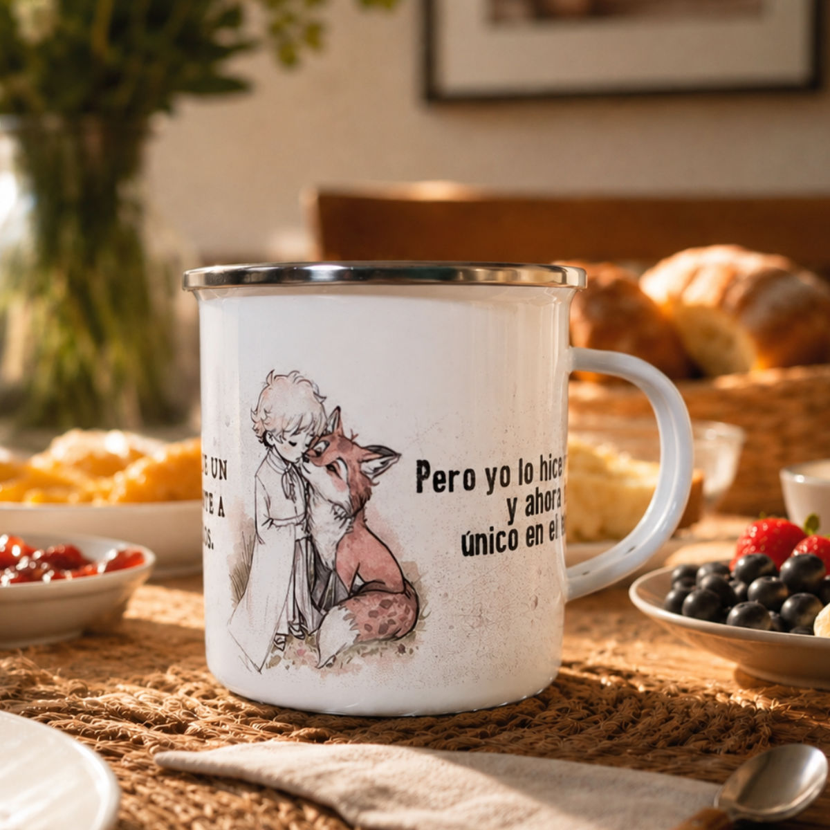 Pocillo de peltre con diseño de El Principito y el zorro sobre mesa de desayuno