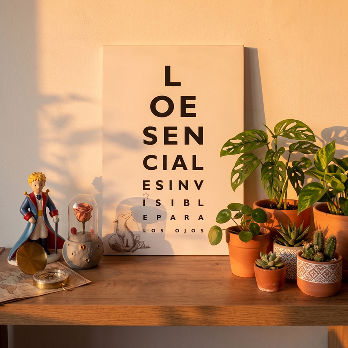 Cuadro decorativo inspirado en El Principito con frase “Lo esencial es invisible para los ojos” sobre pared blanca con decoración minimalista y plantas