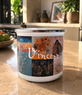 Pocillo de peltre blanco con diseño inspirado en Vincent van Gogh