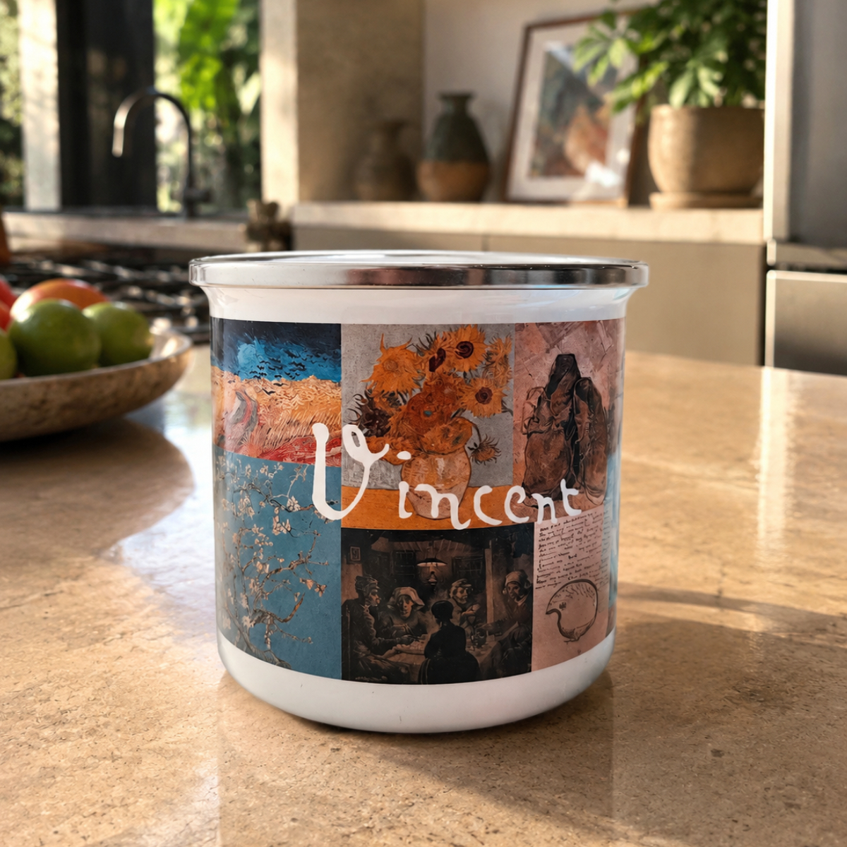 Pocillo de peltre blanco con diseño inspirado en Vincent van Gogh
